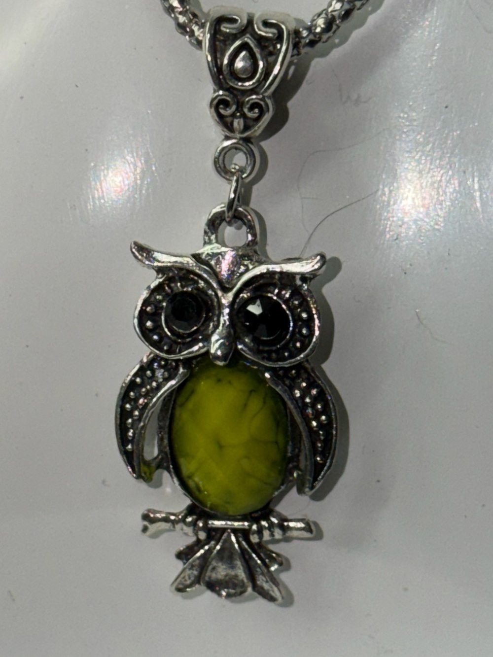 Silver-Tone Owl Pendant Necklace with Green Center